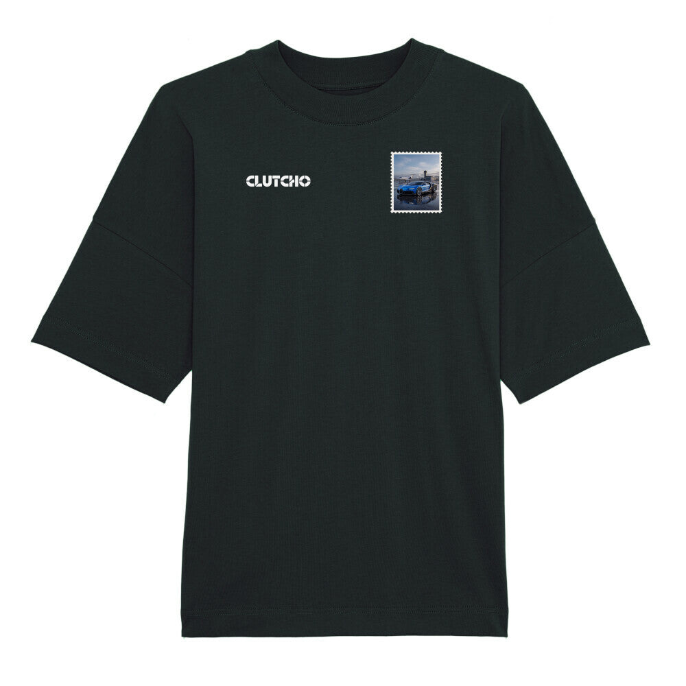 CLUTCHO Jetset Oversized T-Shirt in Schwarz aus schwerer Bio-Baumwolle – Stoff- und Farbdetail.