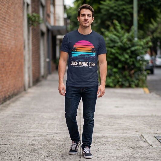 Full-body of person wearing the Clutcho T-shirt outdoors, showcasing the bold retro design in an urban setting.