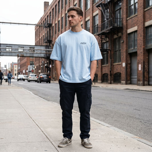 Full-body shot of the oversized shirt in an urban environment, highlighting its relaxed fit and heavy cotton material.