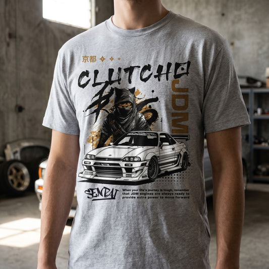 Close-up of CLUTCHO Senpai JDM T-Shirt fabric texture highlighting soft cotton and weave.
