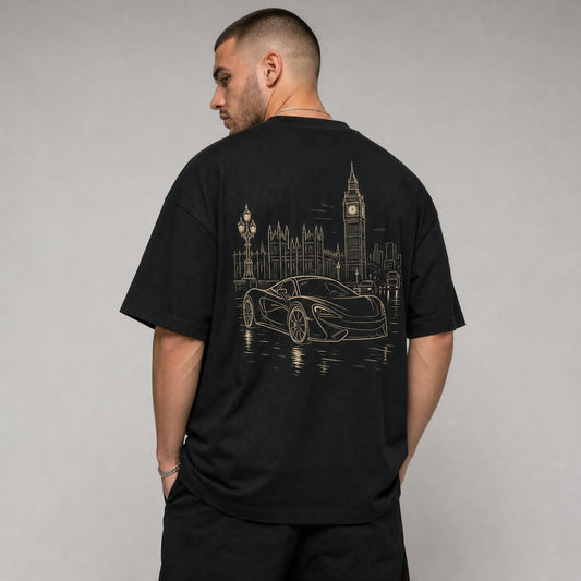 Rücken des schwarzen London Vibes Oversized T-Shirts von CLUTCHO: große Champagner-Line-Art eines britischen Supersportwagens vor der Londoner Skyline.