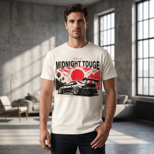 Realistic scene of the CLUTCHO Midnight Touge T-Shirt draped over a wooden stool in a modern loft, highlighting fabric texture and stitching.