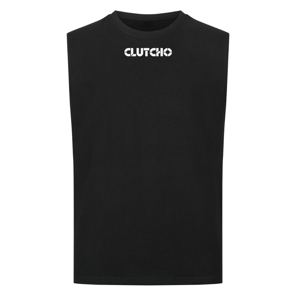 CLUTCHO Made by Maranello Tank Top Herren in Schwarz, ärmellos, Rundhalsausschnitt – Detailansicht.