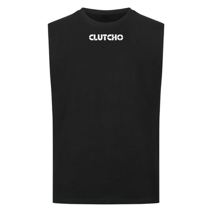 CLUTCHO Made by Maranello Tank Top Herren in Schwarz, ärmellos, Rundhalsausschnitt – Detailansicht.