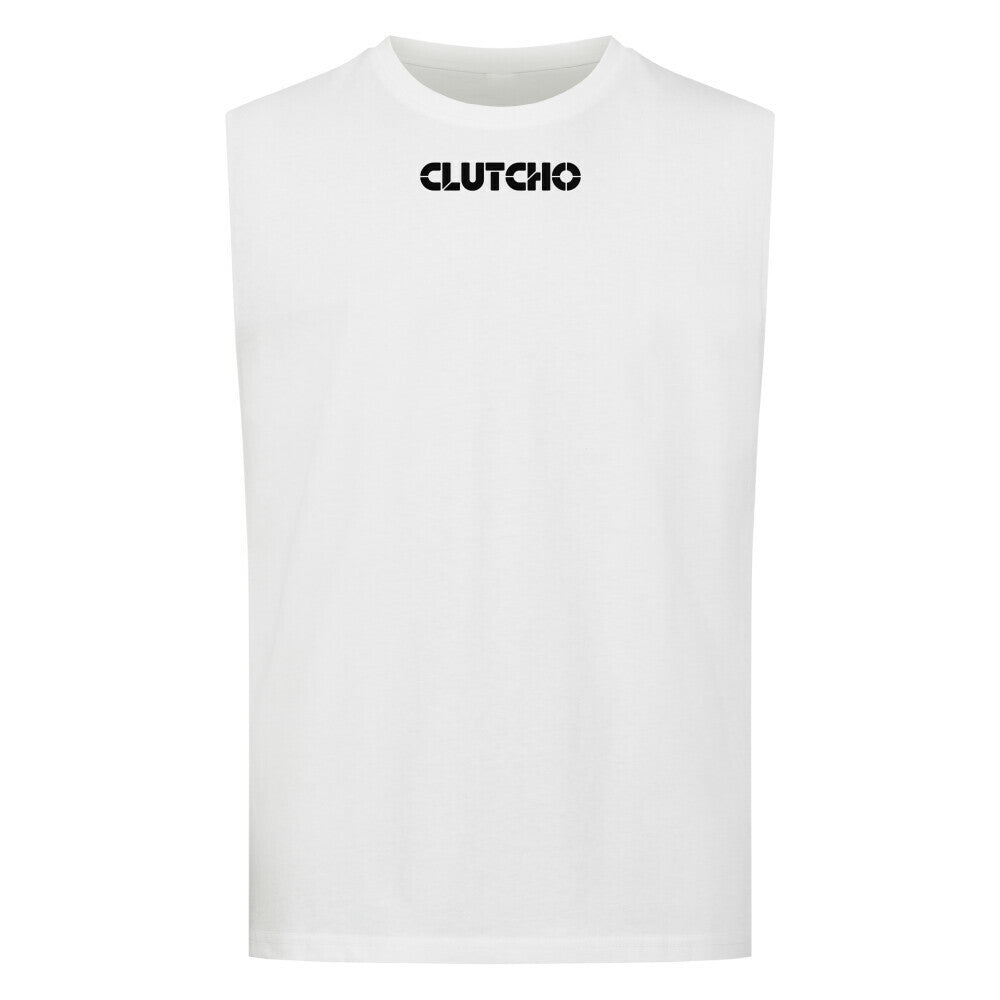 CLUTCHO Ruled by Presence Tank Top Herren in Weiß, ärmellos, Rundhalsausschnitt – Detailansicht.