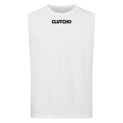 CLUTCHO Ruled by Presence Tank Top Herren in Weiß, ärmellos, Rundhalsausschnitt – Detailansicht.