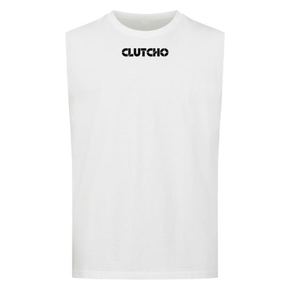 CLUTCHO Made by Maranello Tank Top Herren in Weiß, ärmellos, Rundhalsausschnitt – Detailansicht.