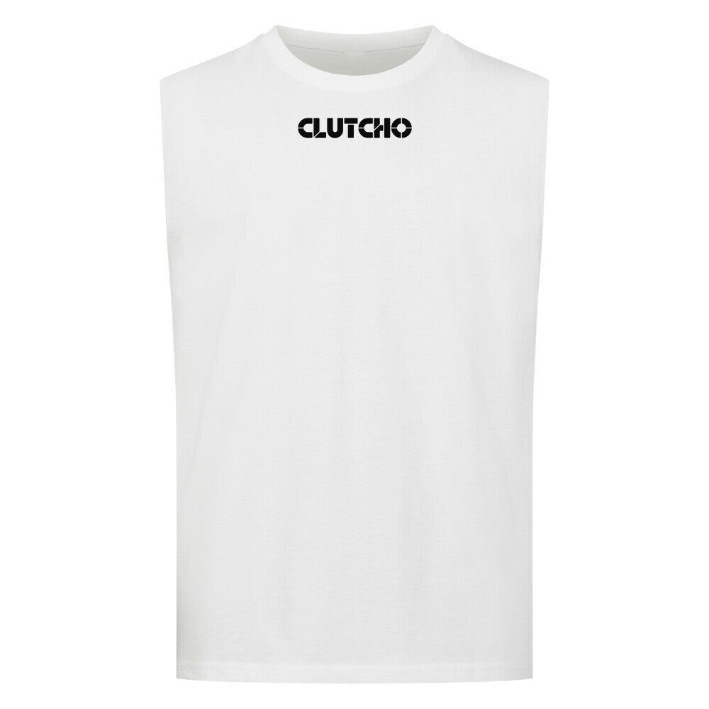 CLUTCHO Driven by Quattro Tank Top Herren in Weiß, ärmellos, Rundhalsausschnitt – Detailansicht.