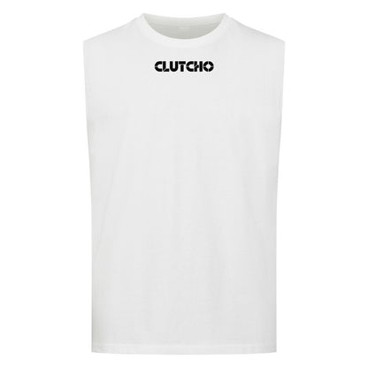 CLUTCHO Driven by Quattro Tank Top Herren in Weiß, ärmellos, Rundhalsausschnitt – Detailansicht.