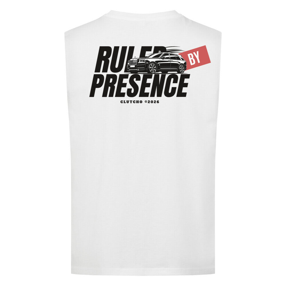 CLUTCHO Ruled by Presence Tank Top Herren in Weiß aus leichter Bio-Baumwolle – Farbdetail.