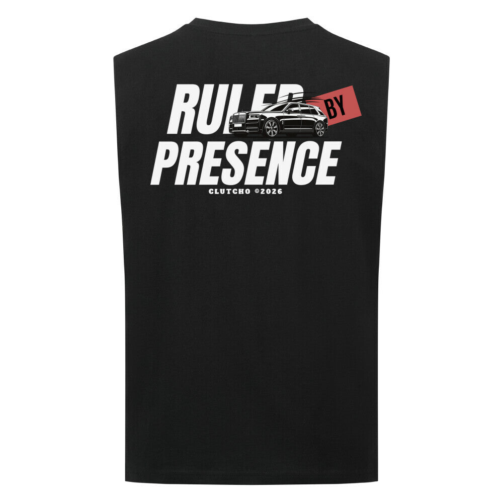 CLUTCHO Ruled by Presence Tank Top Herren in Schwarz aus leichter Bio-Baumwolle – Farbdetail.