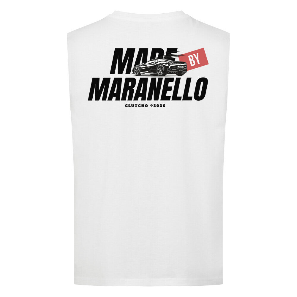 CLUTCHO Made by Maranello Tank Top Herren in Weiß aus leichter Bio-Baumwolle – Farbdetail.