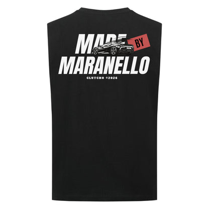 CLUTCHO Made by Maranello Tank Top Herren in Schwarz aus leichter Bio-Baumwolle – Farbdetail.