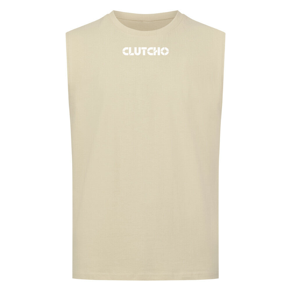 CLUTCHO Driven by Quattro Tank Top Herren in Sand, ärmellos, Rundhalsausschnitt – Detailansicht.