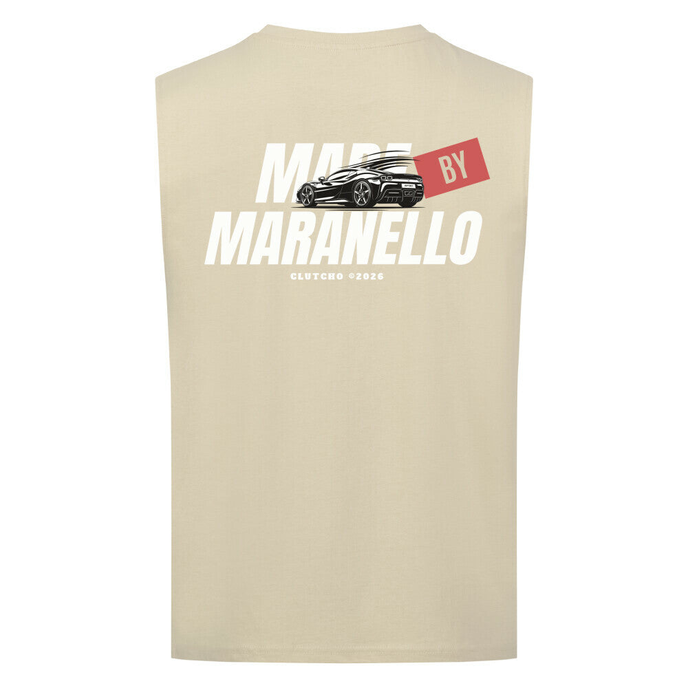 CLUTCHO Made by Maranello Tank Top Herren in Sand aus leichter Bio-Baumwolle – Farbdetail.