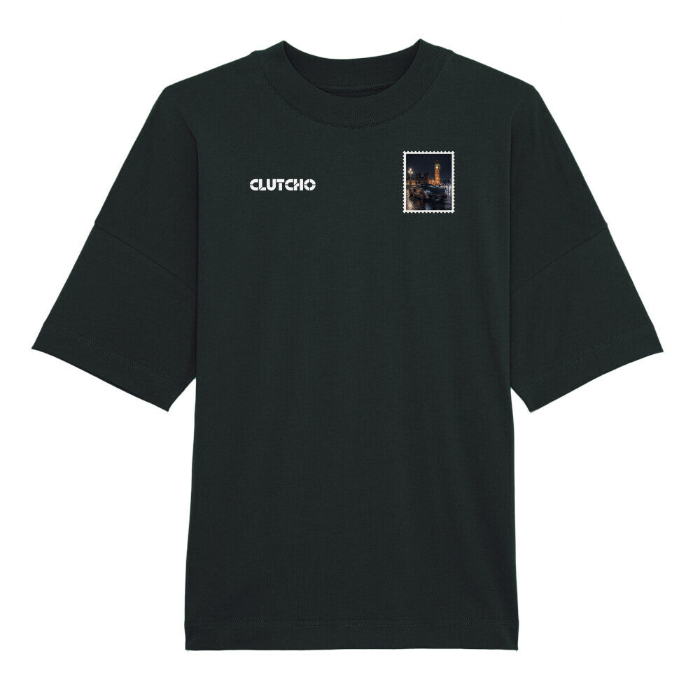 CLUTCHO London Vibes Oversized T-Shirt in Schwarz aus schwerer Bio-Baumwolle – Stoff- und Farbdetail.