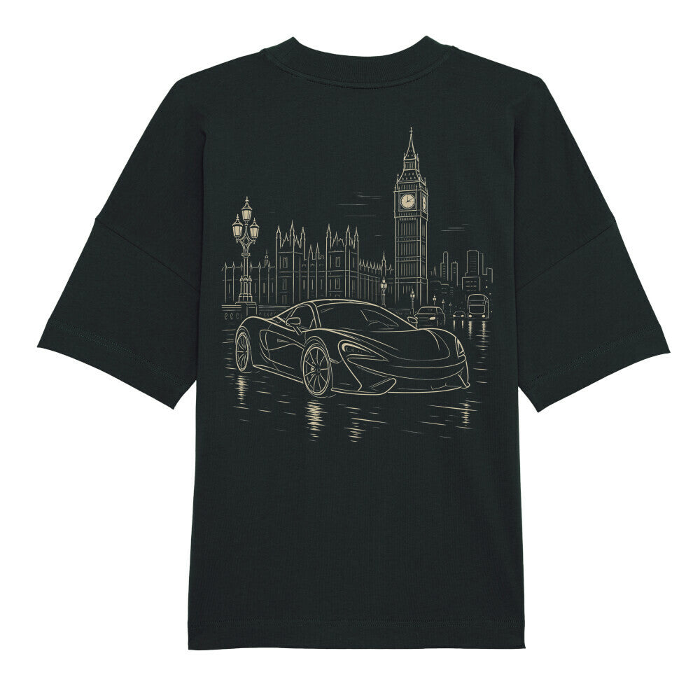 CLUTCHO London Vibes Oversized T-Shirt in Schwarz, schwere Bio-Baumwolle im Boxy Fit – Detailansicht.