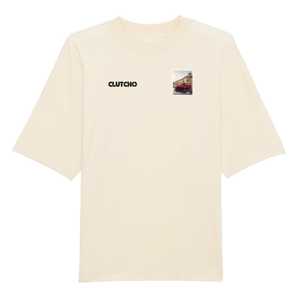 CLUTCHO Monaco Vibes Oversized T-Shirt in Beige aus schwerer Bio-Baumwolle – Stoff- und Farbdetail.