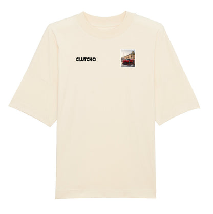 CLUTCHO Monaco Vibes Oversized T-Shirt in Beige aus schwerer Bio-Baumwolle – Stoff- und Farbdetail.