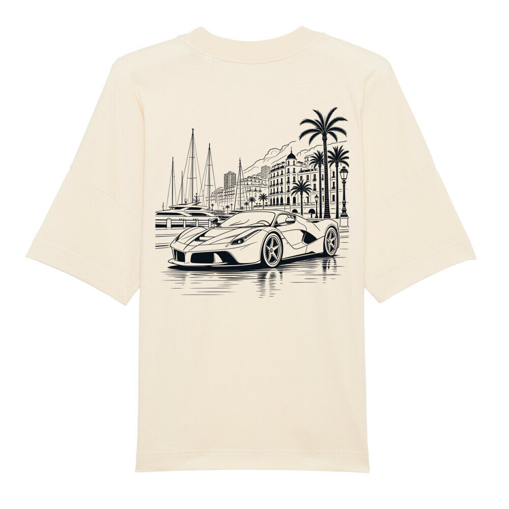 CLUTCHO Monaco Vibes Oversized T-Shirt in Beige, schwere Bio-Baumwolle im Boxy Fit – Detailansicht.