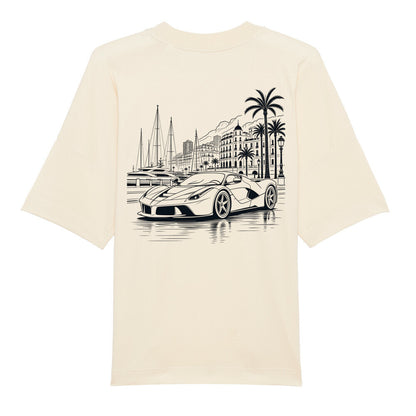CLUTCHO Monaco Vibes Oversized T-Shirt in Beige, schwere Bio-Baumwolle im Boxy Fit – Detailansicht.