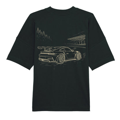 CLUTCHO Nürburgring Oversized T-Shirt in Schwarz, schwere Bio-Baumwolle im Boxy Fit – Detailansicht.