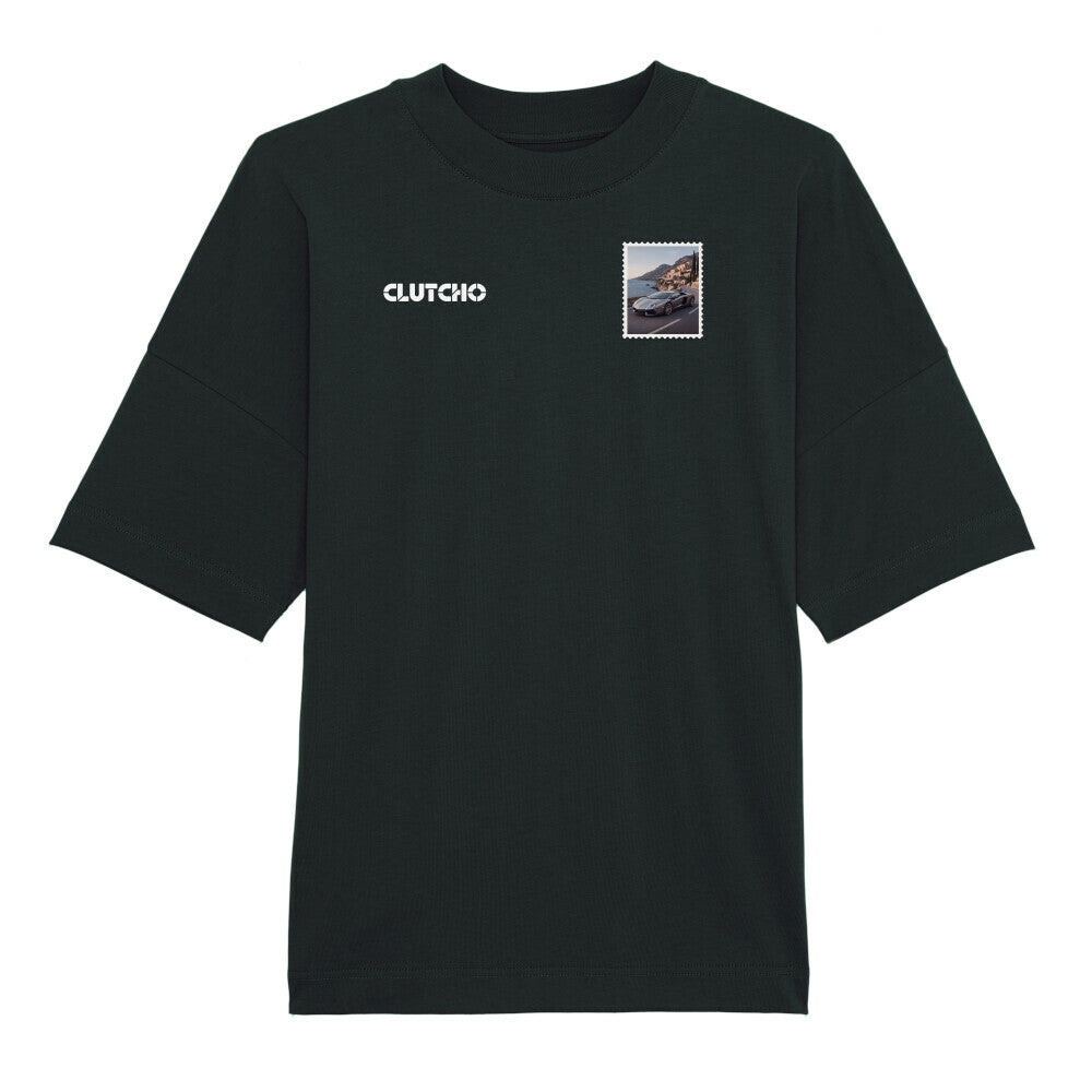 CLUTCHO Amalfi Vibes Oversized T-Shirt in Schwarz aus schwerer Bio-Baumwolle – Stoff- und Farbdetail.