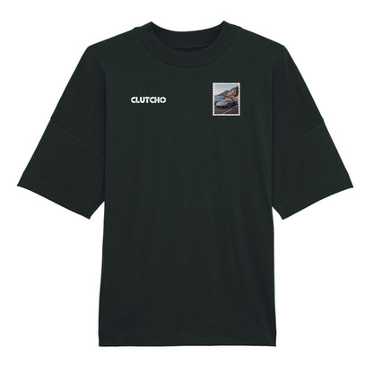 CLUTCHO Amalfi Vibes Oversized T-Shirt in Schwarz aus schwerer Bio-Baumwolle – Stoff- und Farbdetail.