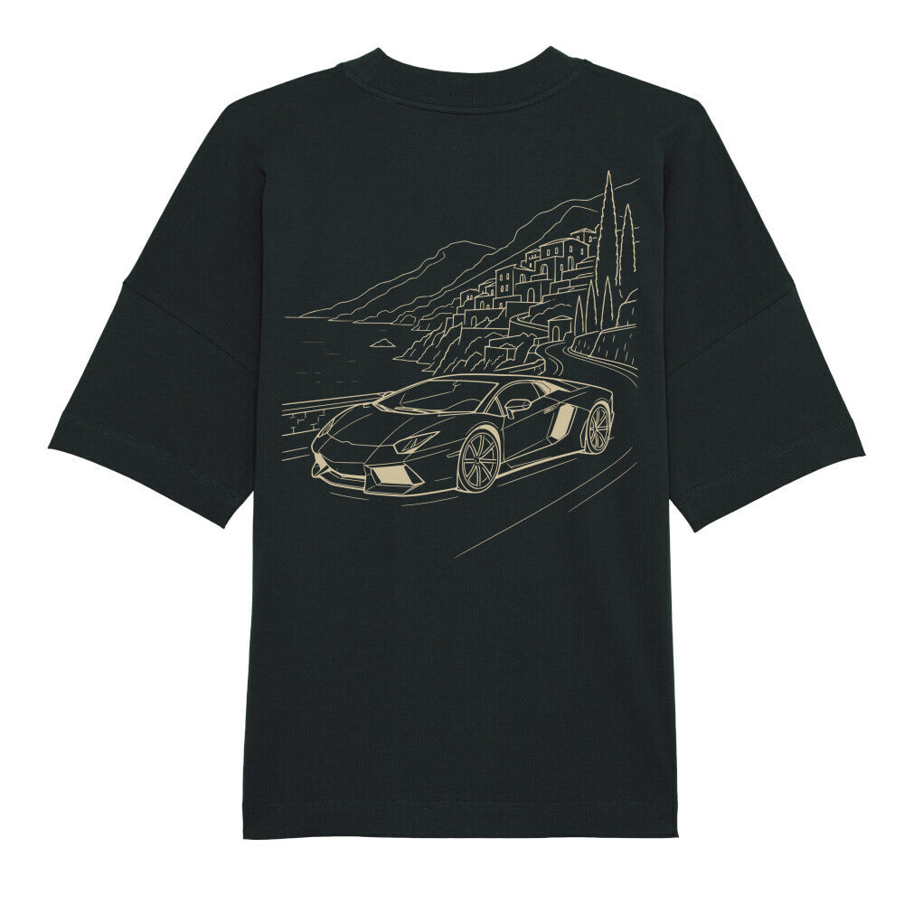 CLUTCHO Amalfi Vibes Oversized T-Shirt in Schwarz, schwere Bio-Baumwolle im Boxy Fit – Detailansicht.