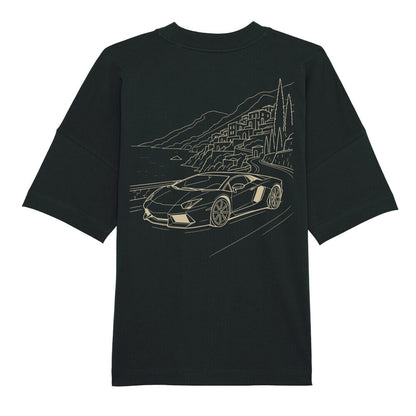 CLUTCHO Amalfi Vibes Oversized T-Shirt in Schwarz, schwere Bio-Baumwolle im Boxy Fit – Detailansicht.