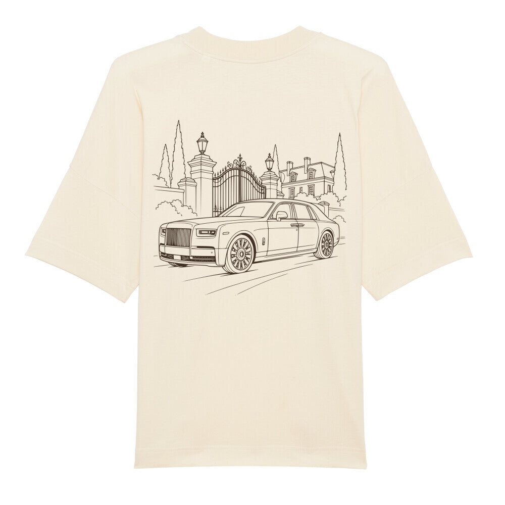 CLUTCHO Herrenhaus Oversized T-Shirt in Beige, schwere Bio-Baumwolle im Boxy Fit – Detailansicht.