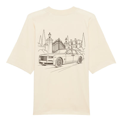 CLUTCHO Herrenhaus Oversized T-Shirt in Beige, schwere Bio-Baumwolle im Boxy Fit – Detailansicht.