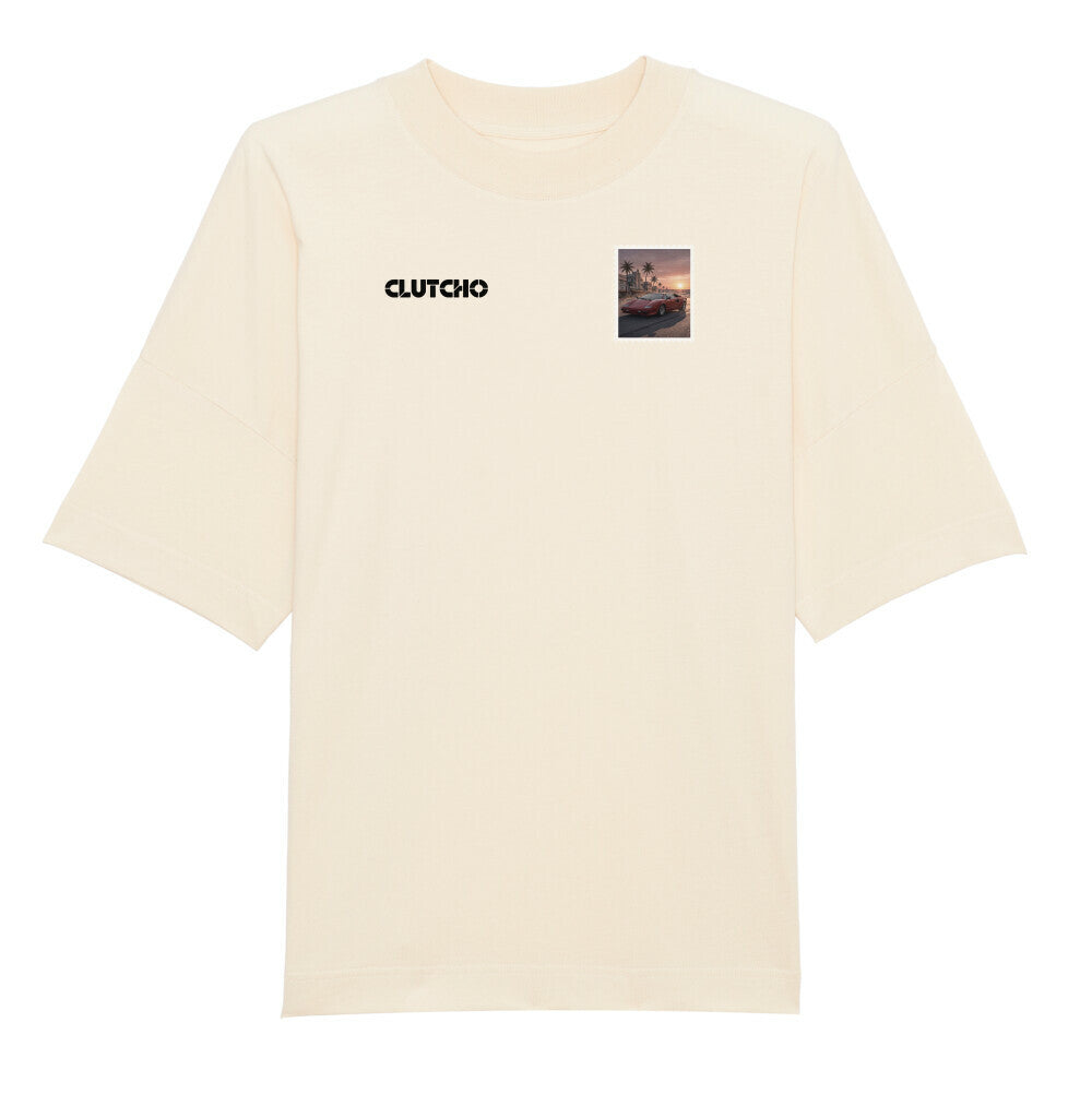 CLUTCHO Miami Oversized T-Shirt in Beige aus schwerer Bio-Baumwolle – Stoff- und Farbdetail.
