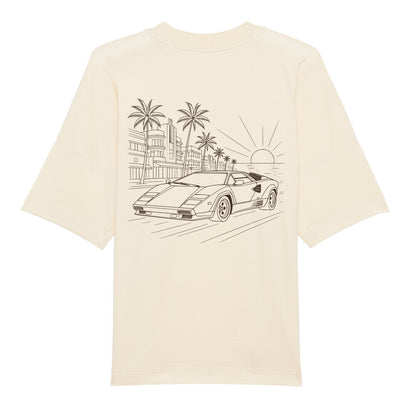 CLUTCHO Miami Oversized T-Shirt in Beige, schwere Bio-Baumwolle im Boxy Fit – Detailansicht.