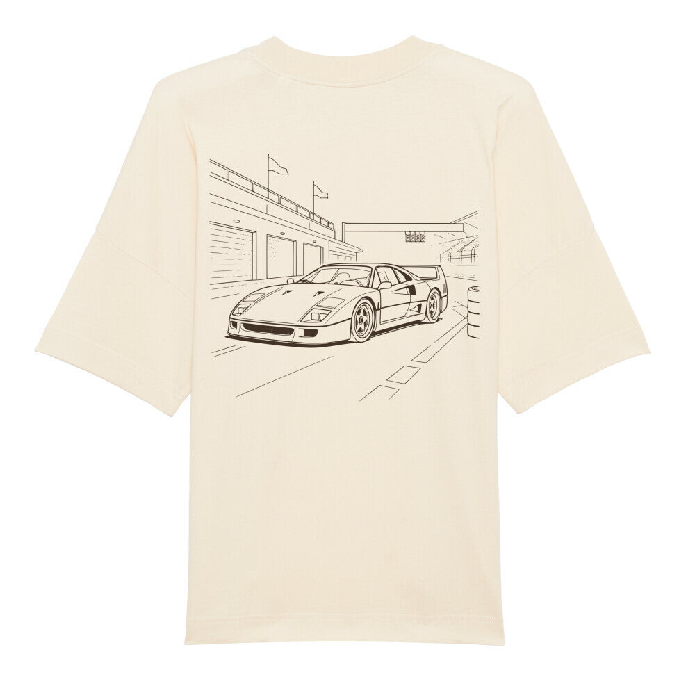 CLUTCHO Boxengasse Oversized T-Shirt in Beige, schwere Bio-Baumwolle im Boxy Fit – Detailansicht.