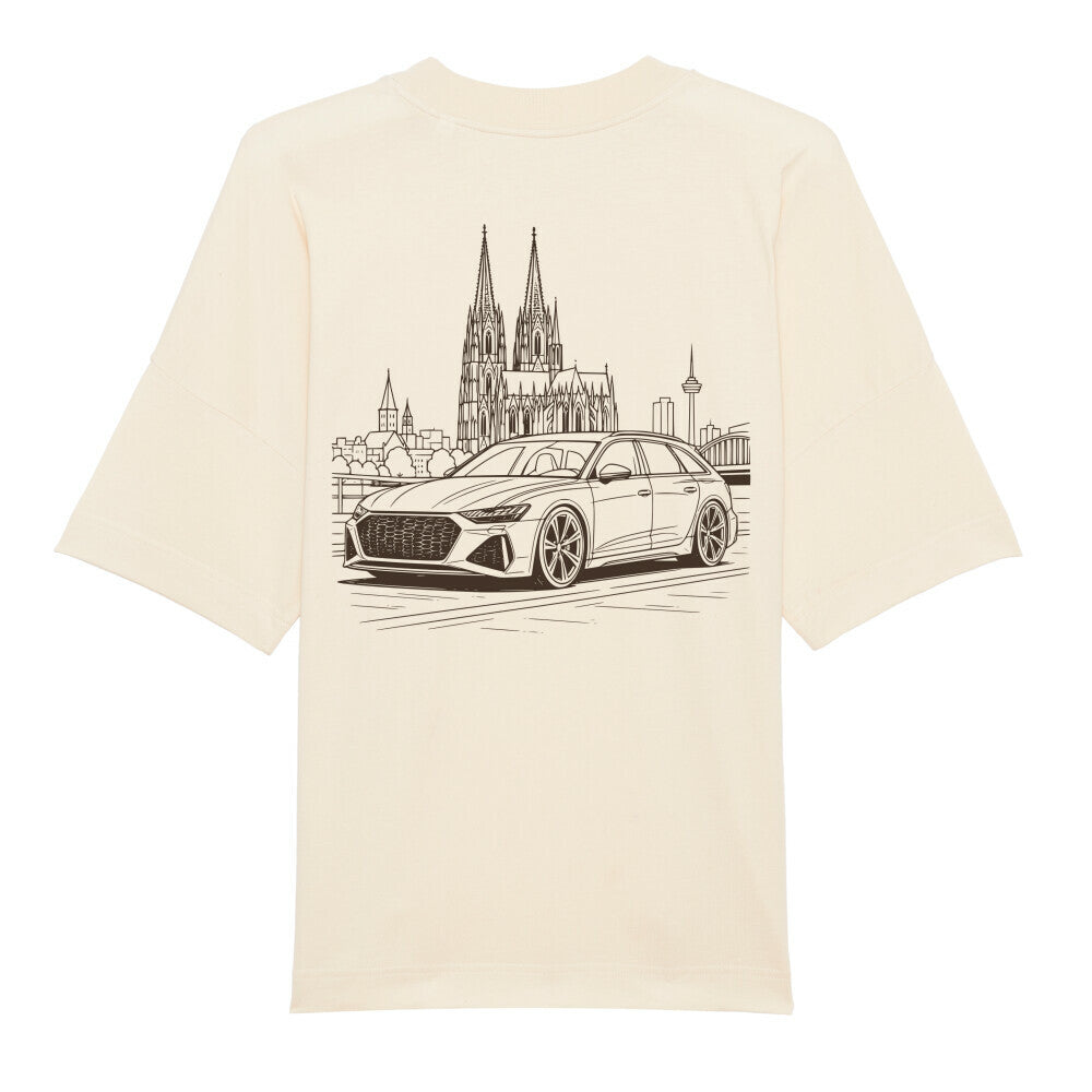 CLUTCHO Kölner Dom Oversized T-Shirt in Beige, schwere Bio-Baumwolle im Boxy Fit – Detailansicht.