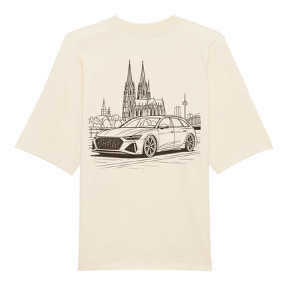 CLUTCHO Kölner Dom Oversized T-Shirt in Beige, schwere Bio-Baumwolle im Boxy Fit – Detailansicht.