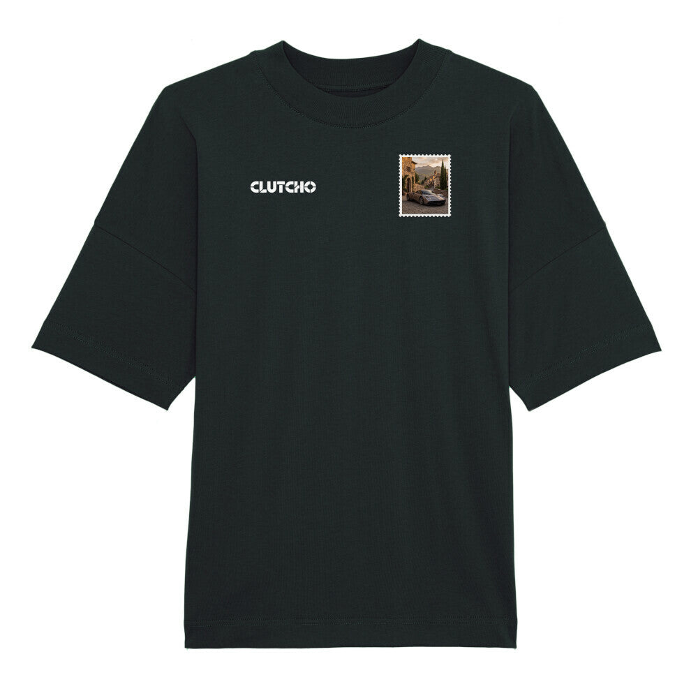 CLUTCHO Toskana Vibes Oversized T-Shirt in Schwarz aus schwerer Bio-Baumwolle – Stoff- und Farbdetail.