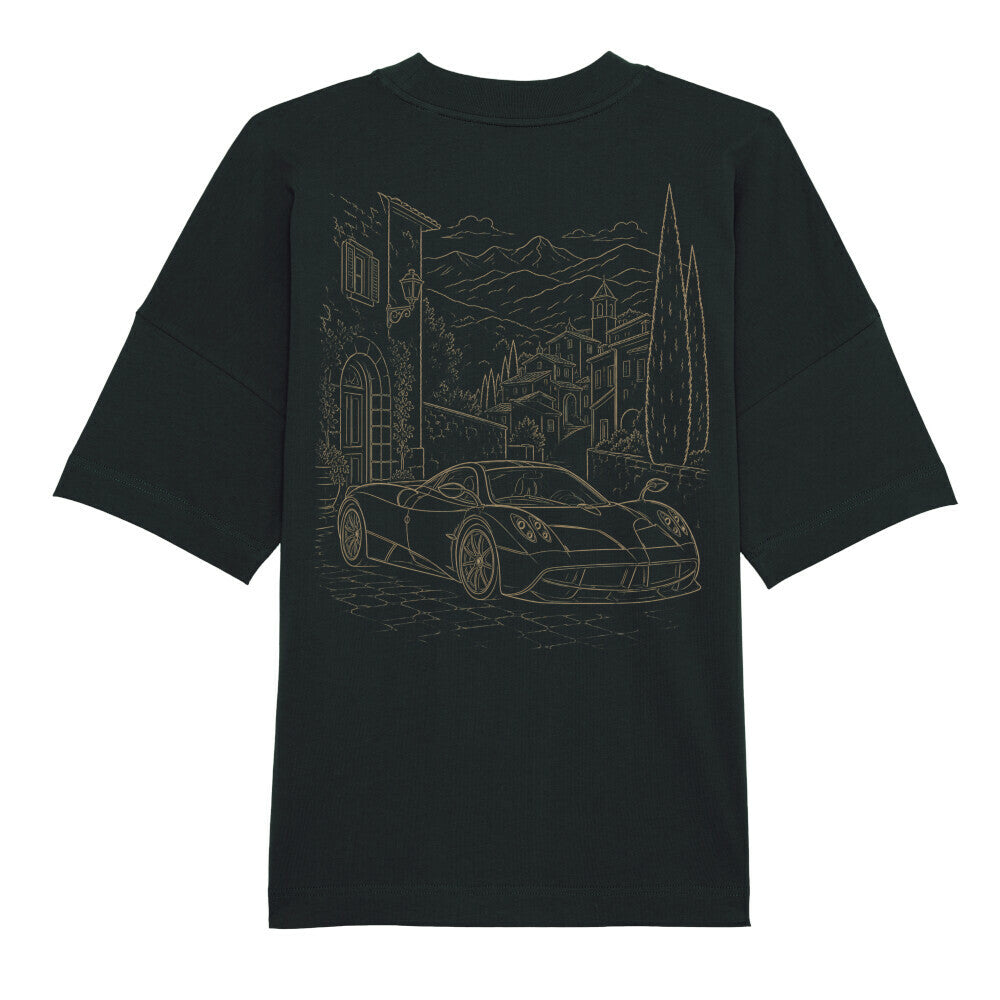 CLUTCHO Toskana Vibes Oversized T-Shirt in Schwarz, schwere Bio-Baumwolle im Boxy Fit – Detailansicht.