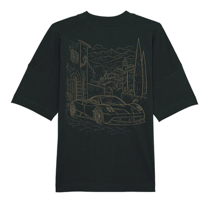 CLUTCHO Toskana Vibes Oversized T-Shirt in Schwarz, schwere Bio-Baumwolle im Boxy Fit – Detailansicht.