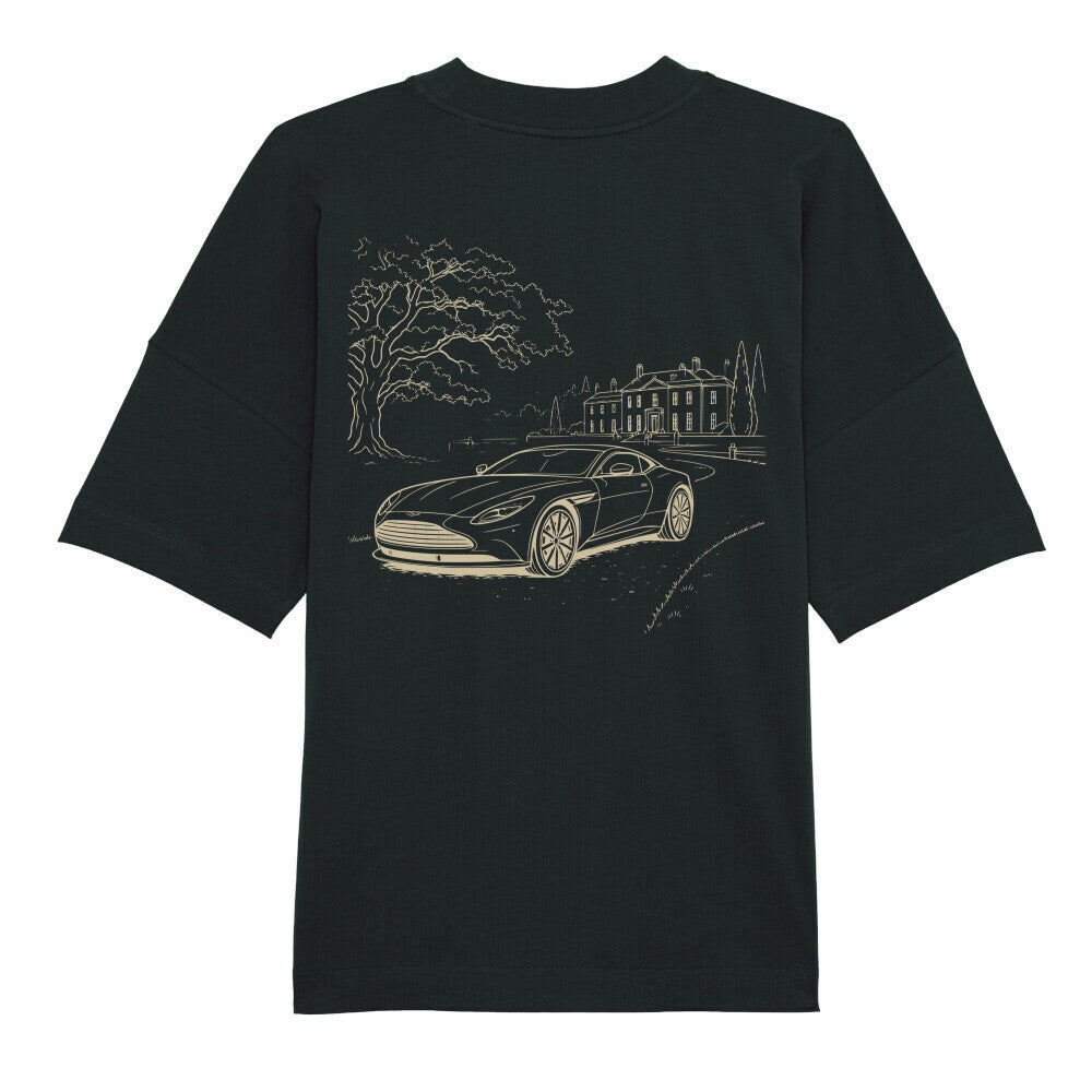 CLUTCHO Landgut Oversized T-Shirt in Schwarz, schwere Bio-Baumwolle im Boxy Fit – Detailansicht.