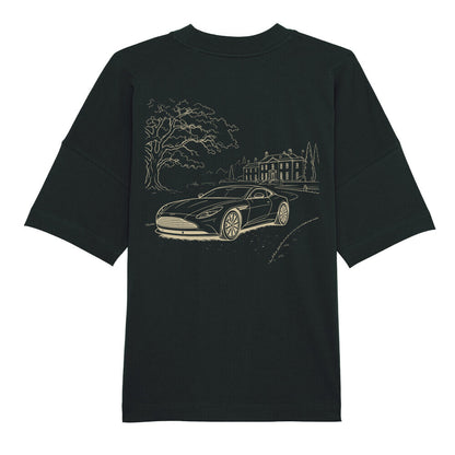 CLUTCHO Landgut Oversized T-Shirt in Schwarz, schwere Bio-Baumwolle im Boxy Fit – Detailansicht.