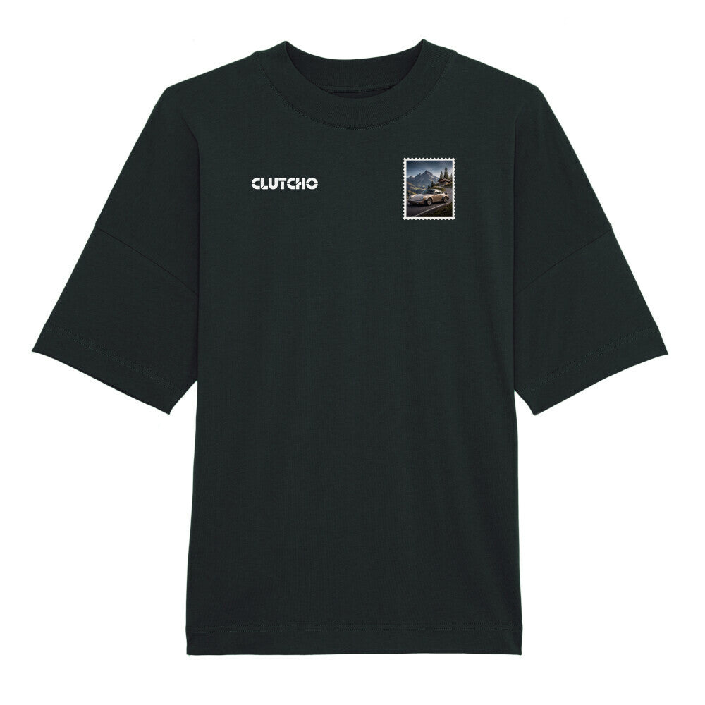 CLUTCHO Alpenpass Oversized T-Shirt in Schwarz aus schwerer Bio-Baumwolle – Stoff- und Farbdetail.