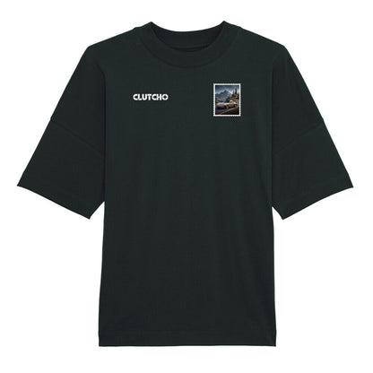CLUTCHO Alpenpass Oversized T-Shirt in Schwarz aus schwerer Bio-Baumwolle – Stoff- und Farbdetail.