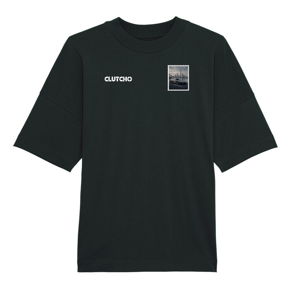 CLUTCHO Dubai Skyline Oversized T-Shirt in Schwarz aus schwerer Bio-Baumwolle – Stoff- und Farbdetail.