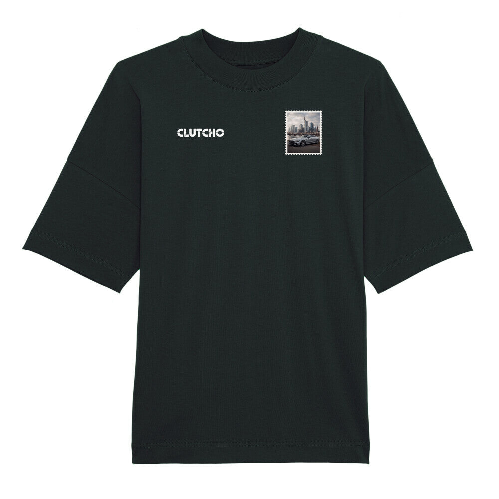 CLUTCHO Frankfurt Skyline Oversized T-Shirt in Schwarz aus schwerer Bio-Baumwolle – Stoff- und Farbdetail.