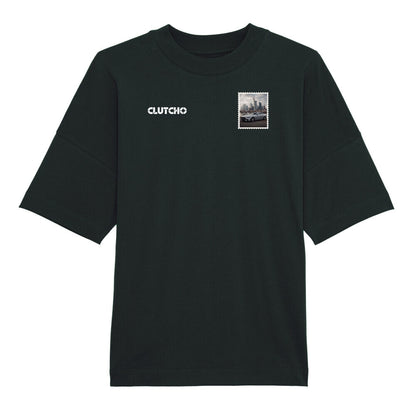 CLUTCHO Frankfurt Skyline Oversized T-Shirt in Schwarz aus schwerer Bio-Baumwolle – Stoff- und Farbdetail.