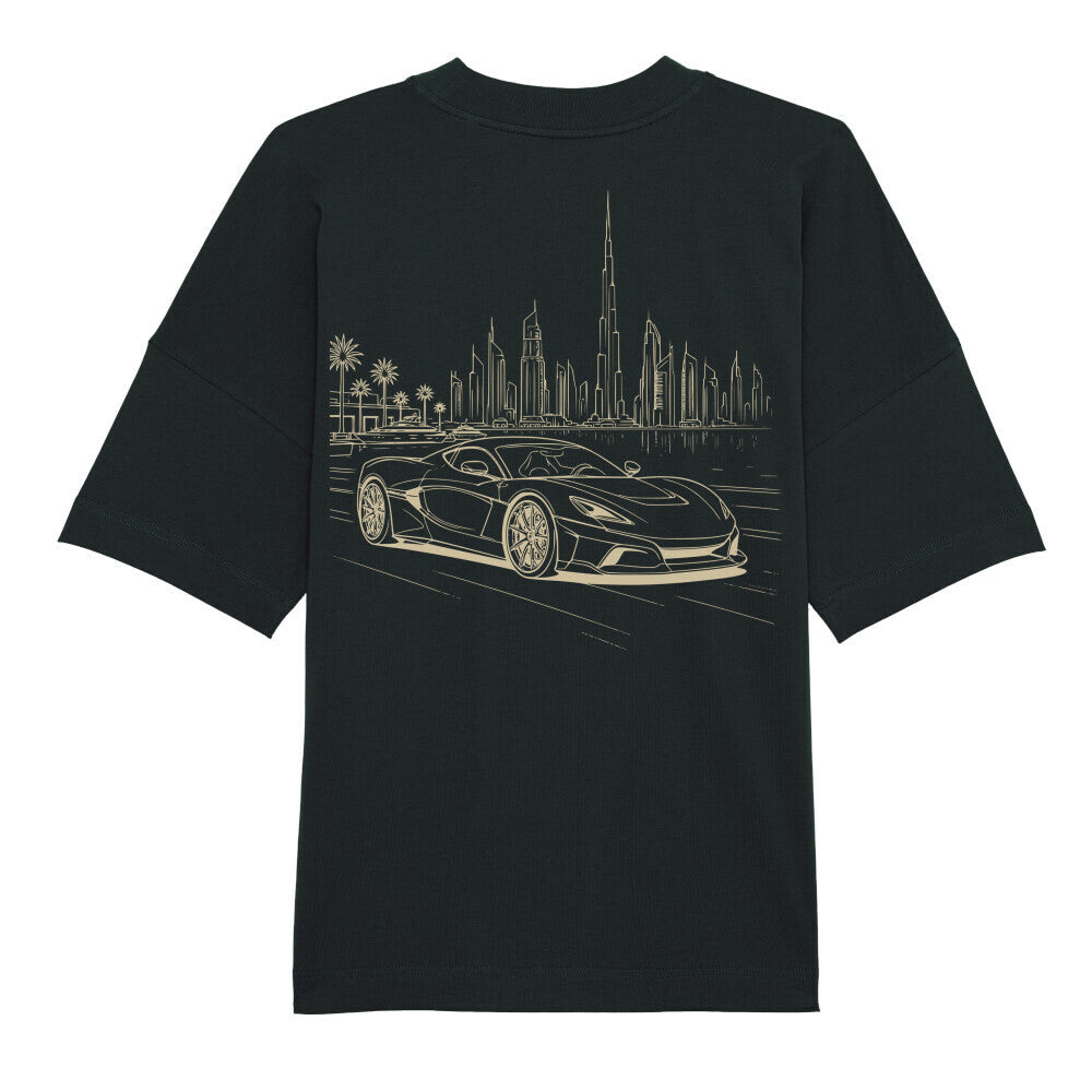 CLUTCHO Dubai Skyline Oversized T-Shirt in Schwarz, schwere Bio-Baumwolle im Boxy Fit – Detailansicht.