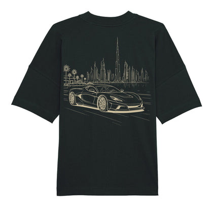 CLUTCHO Dubai Skyline Oversized T-Shirt in Schwarz, schwere Bio-Baumwolle im Boxy Fit – Detailansicht.