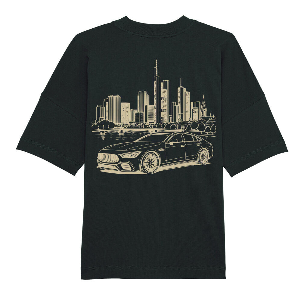 CLUTCHO Frankfurt Skyline Oversized T-Shirt in Schwarz, schwere Bio-Baumwolle im Boxy Fit – Detailansicht.